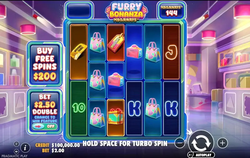 Экран основной игры Furry Bonanza с барабанами Megaways, настройками ставки и панелью покупки бесплатных вращений