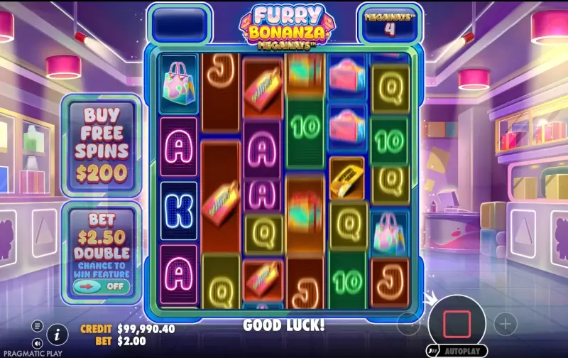Барабаны Furry Bonanza во время вращения с меняющейся высотой барабанов Megaways