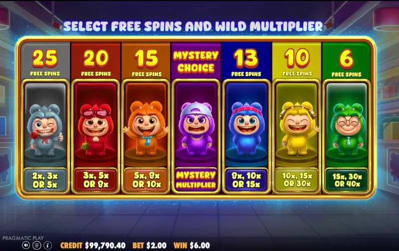 Экран выбора Free Spins в Furry Bonanza с количеством вращений и вариантами множителя Wild