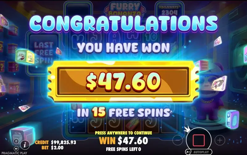 Экран результата Free Spins в Furry Bonanza с итоговой выплатой бонуса